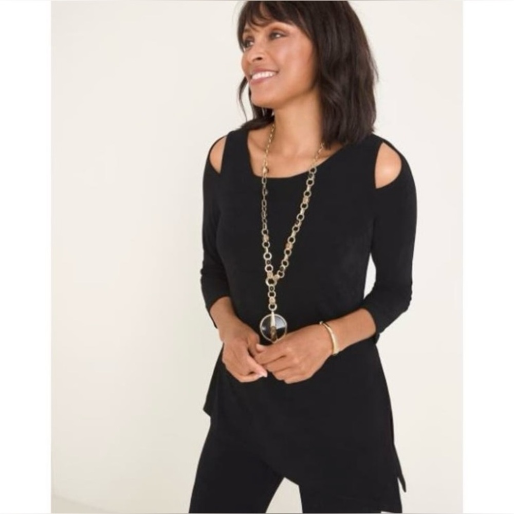 3/$25 Chico's Traveler's Classic‎ Black Cold-Shoulder Asymmetrical Tunic Size 2